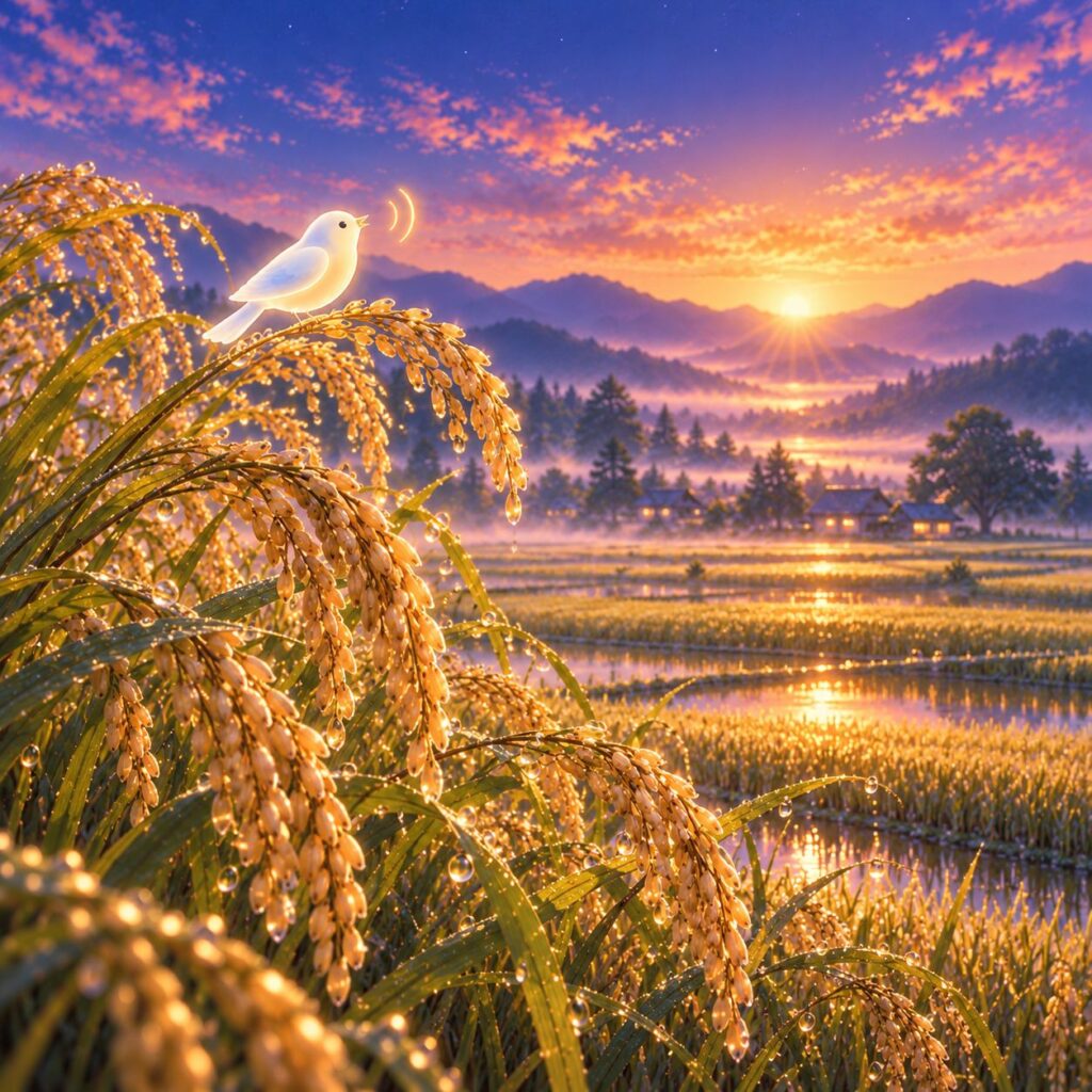 A white bird perched on dew-covered ears of rice shining in the morning sun, with rice fields beyond