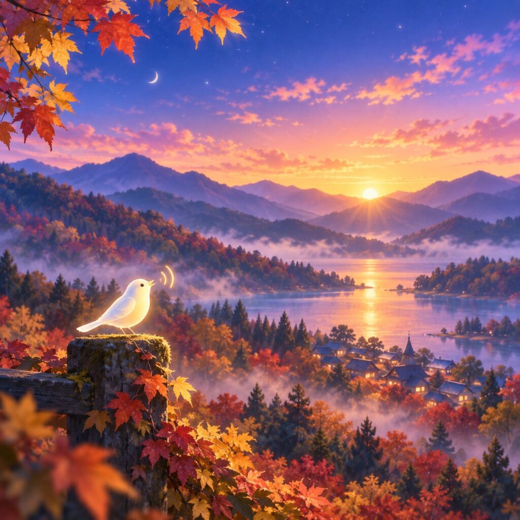 A white bird on a post looking over autumn mountains and a lakeside village, with coloured maple leaves in front