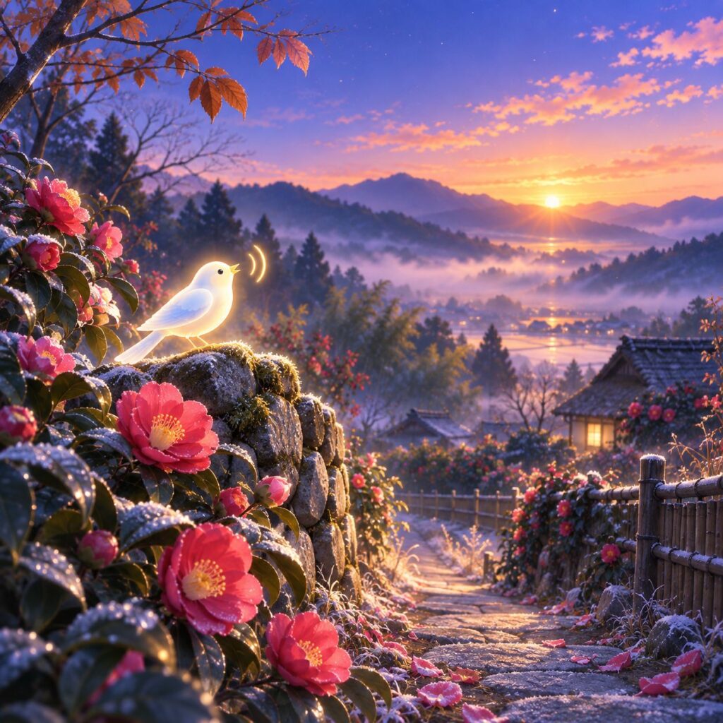 A white bird singing on a stone wall, with red sasanqua flowers and single petals scattered on the path