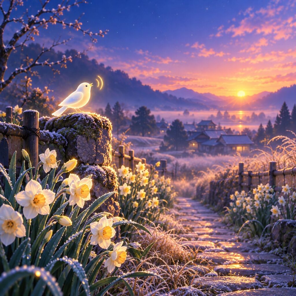 Narcissus beside a frosty stone path, and a white bird singing in the morning sun