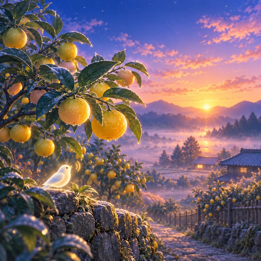 A tree with large yellow fruit in the morning sun, and a white bird on a stone wall