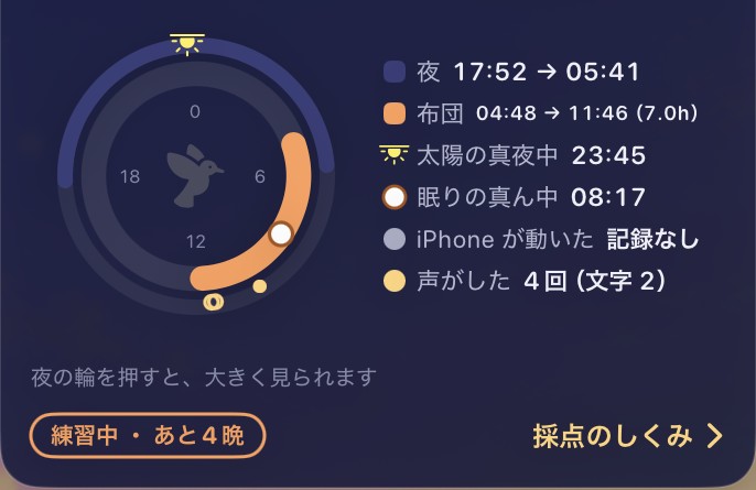 A 24-hour ring next to a list: night 17:52 to 05:41, in bed 04:48 to 11:46, solar midnight, mid-sleep, and the number of times a voice was heard
