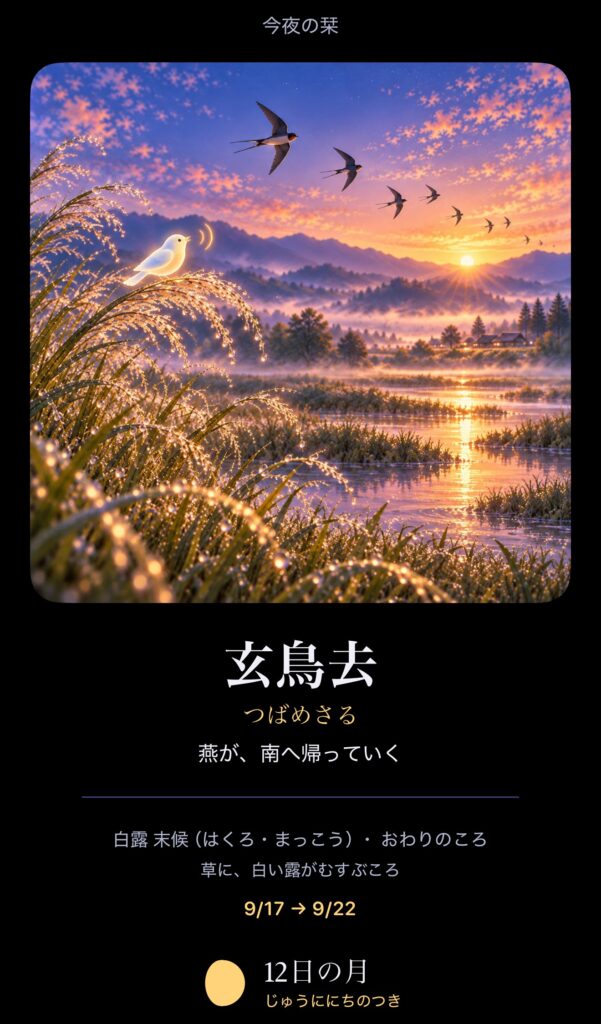 A bookmark: a picture, and below it the season’s name 玄鳥去, its reading, its meaning, the solar term and its dates, and that night’s moon