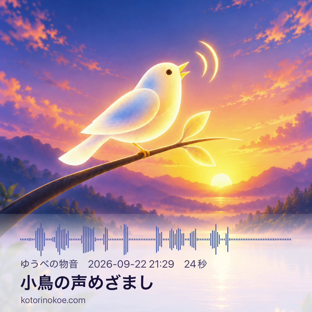 A painting of a white bird singing in the morning sun. Below it the wave and the words “Last night’s sounds 2026-09-22 21:29 24 s”, “Songbird Alarm”, “kotorinokoe.com”